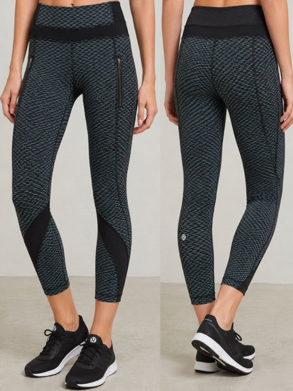 Lululemon Women’s Size 6 Black Blue Patterned Cropped Leggings Zip Pockets